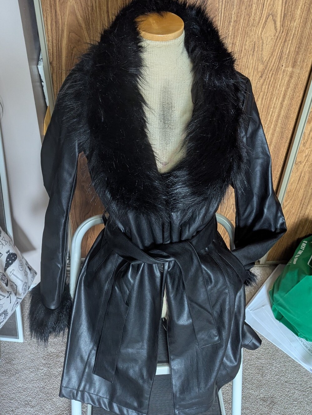 Dolls Kill - Widow Black Faux Fur/Leather Trench Coat